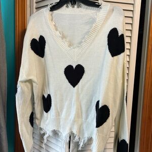 Heart Patterned White and Black Sweater